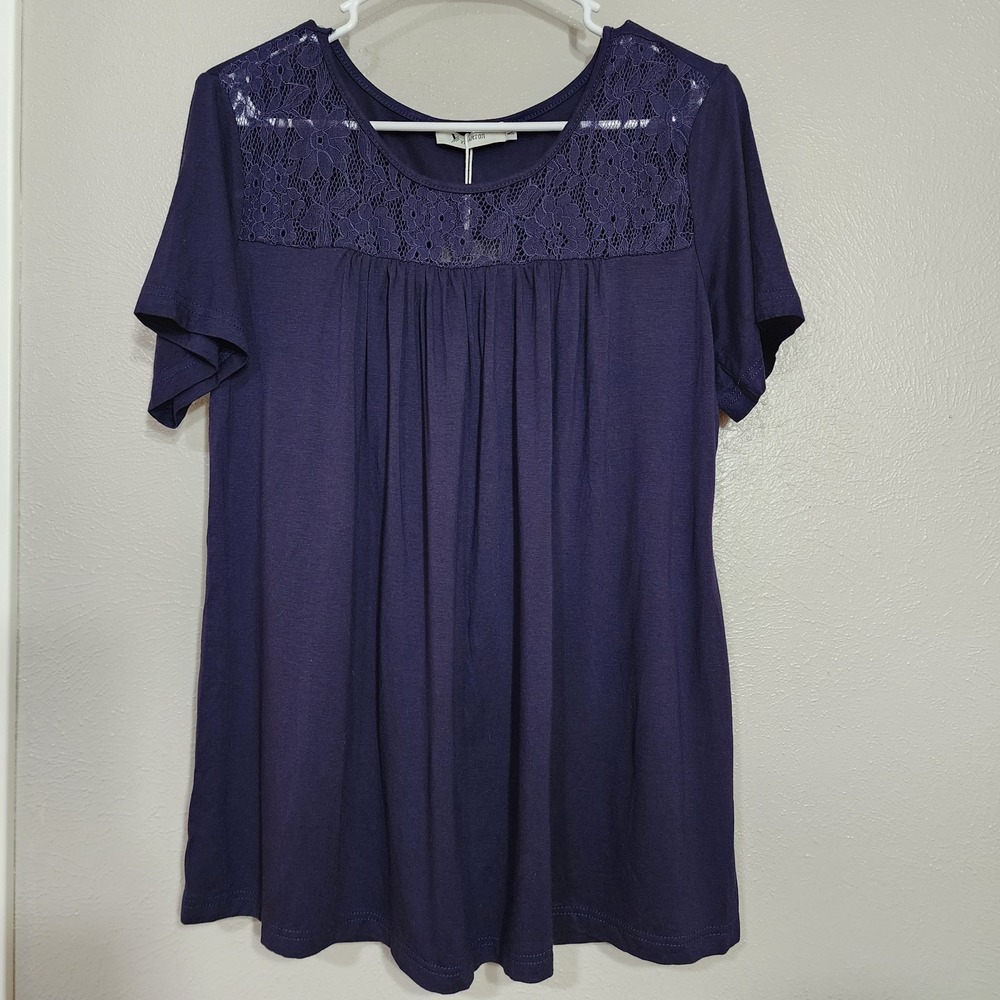 Yidarton Medium Blouse‎ Top Round Neck Dark Blue Short Sleeve Lace Detail Y2K